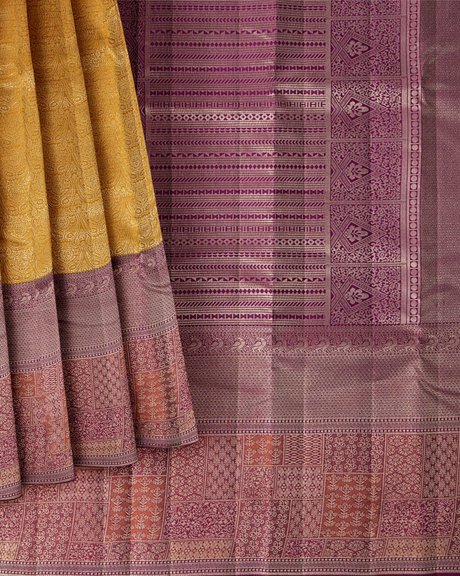 Mustard and Pink Pure Tissue Silk Kanjeevaram Saree with Handwoven Checked Zari Body and Traditional Contrast Border, 5.5 Meters with Blouse Piece, Originating from India-D22711