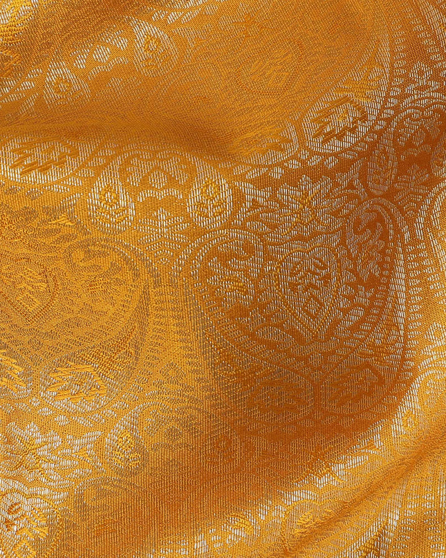 Mustard and Pink Pure Tissue Silk Kanjeevaram Saree with Handwoven Checked Zari Body and Traditional Contrast Border, 5.5 Meters with Blouse Piece, Originating from India-D22711