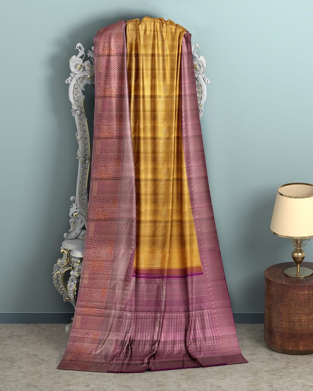 Mustard and Pink Pure Tissue Silk Kanjeevaram Saree with Handwoven Checked Zari Body and Traditional Contrast Border, 5.5 Meters with Blouse Piece, Originating from India-D22711