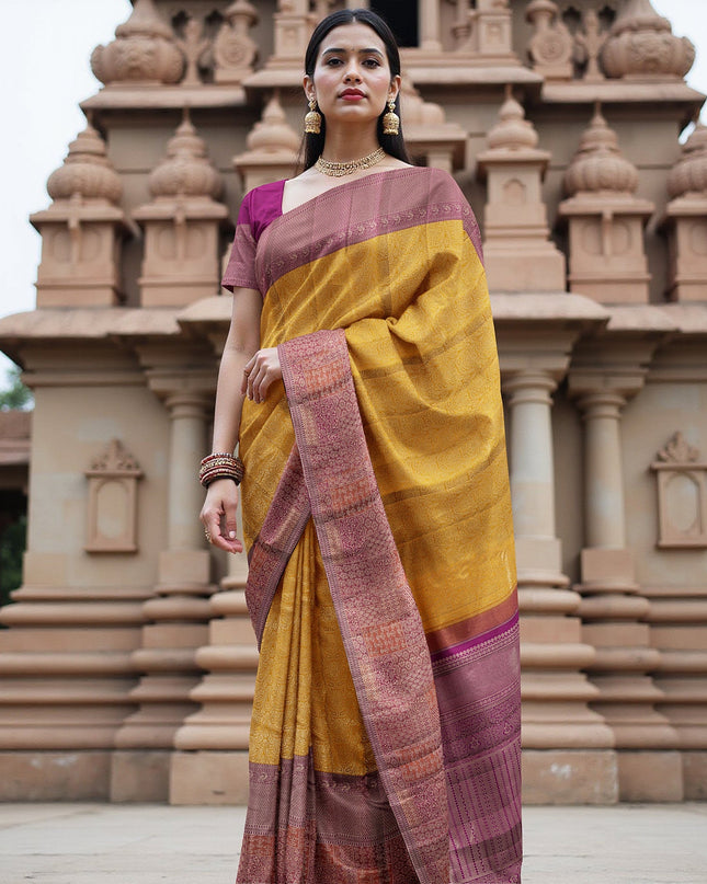 Mustard and Pink Pure Tissue Silk Kanjeevaram Saree with Handwoven Checked Zari Body and Traditional Contrast Border, 5.5 Meters with Blouse Piece, Originating from India-D22711