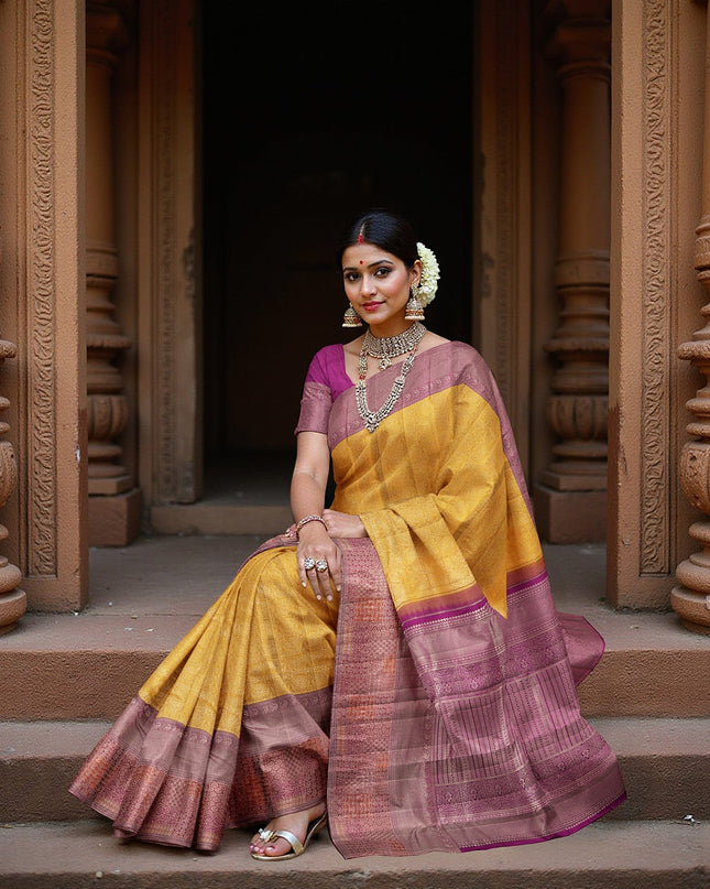 Mustard and Pink Pure Tissue Silk Kanjeevaram Saree with Handwoven Checked Zari Body and Traditional Contrast Border, 5.5 Meters with Blouse Piece, Originating from India-D22711