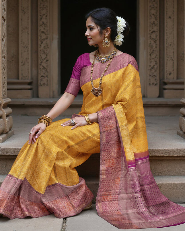 Mustard and Pink Pure Tissue Silk Kanjeevaram Saree with Handwoven Checked Zari Body and Traditional Contrast Border, 5.5 Meters with Blouse Piece, Originating from India-D22711