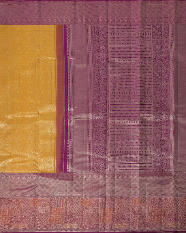Mustard and Pink Pure Tissue Silk Kanjeevaram Saree with Handwoven Checked Zari Body and Traditional Contrast Border, 5.5 Meters with Blouse Piece, Originating from India-D22711