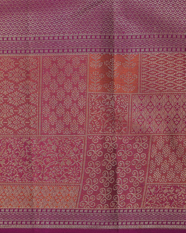Mustard and Pink Pure Tissue Silk Kanjeevaram Saree with Handwoven Checked Zari Body and Traditional Contrast Border, 5.5 Meters with Blouse Piece, Originating from India-D22711