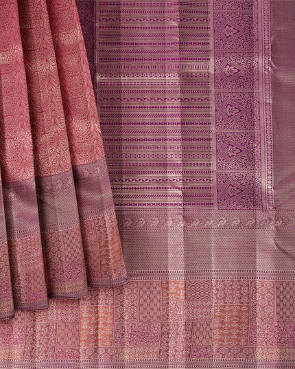 Reddish Pink Pure Tissue Silk Kanjeevaram Saree with Handwoven Zari Grid Design and Traditional Contrast Border, 5.5 Meters with Blouse Piece, Originating from India-D22712 - Regal Fabrics