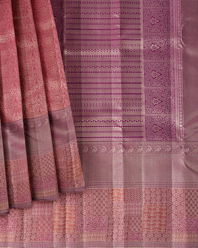Reddish Pink Pure Tissue Silk Kanjeevaram Saree with Handwoven Zari Grid Design and Traditional Contrast Border, 5.5 Meters with Blouse Piece, Originating from India-D22712 - Regal Fabrics