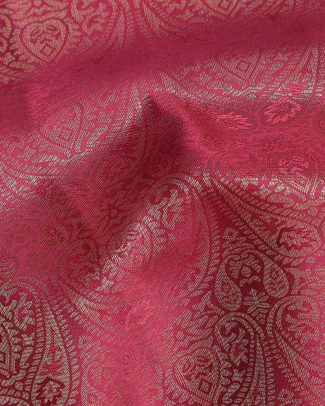 Reddish Pink Pure Tissue Silk Kanjeevaram Saree with Handwoven Zari Grid Design and Traditional Contrast Border, 5.5 Meters with Blouse Piece, Originating from India-D22712 - Regal Fabrics