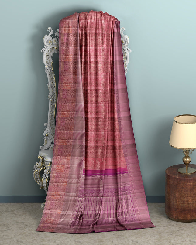 Reddish Pink Pure Tissue Silk Kanjeevaram Saree with Handwoven Zari Grid Design and Traditional Contrast Border, 5.5 Meters with Blouse Piece, Originating from India-D22712 - Regal Fabrics