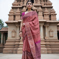 Reddish Pink Pure Tissue Silk Kanjeevaram Saree with Handwoven Zari Grid Design and Traditional Contrast Border, 5.5 Meters with Blouse Piece, Originating from India-D22712 - Regal Fabrics