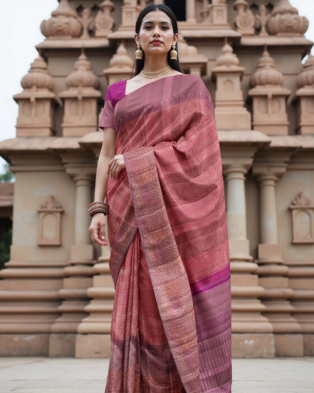 Reddish Pink Pure Tissue Silk Kanjeevaram Saree with Handwoven Zari Grid Design and Traditional Contrast Border, 5.5 Meters with Blouse Piece, Originating from India-D22712 - Regal Fabrics
