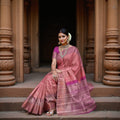 Reddish Pink Pure Tissue Silk Kanjeevaram Saree with Handwoven Zari Grid Design and Traditional Contrast Border, 5.5 Meters with Blouse Piece, Originating from India-D22712 - Regal Fabrics