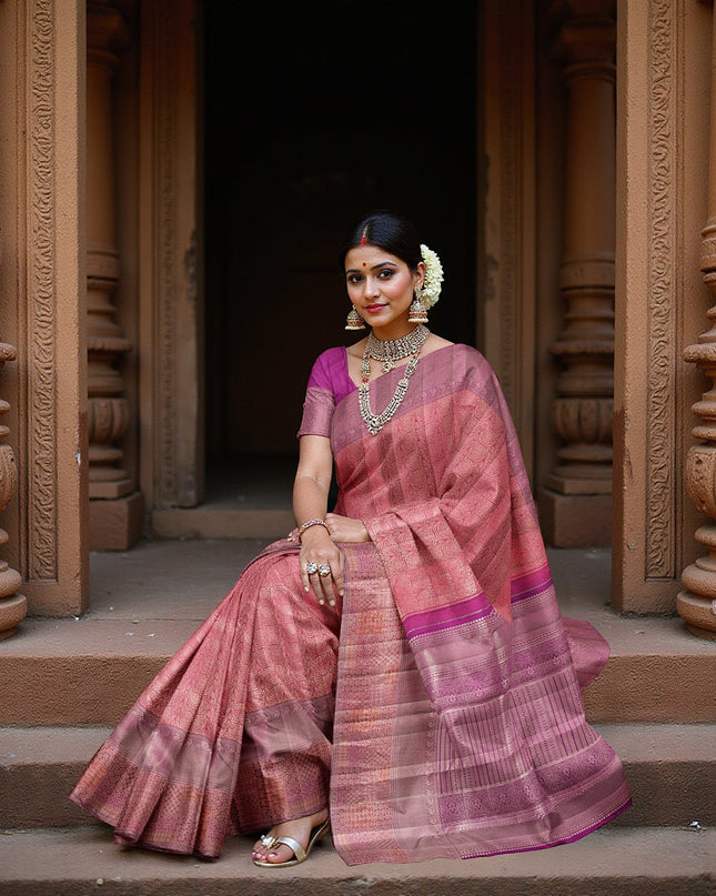 Reddish Pink Pure Tissue Silk Kanjeevaram Saree with Handwoven Zari Grid Design and Traditional Contrast Border, 5.5 Meters with Blouse Piece, Originating from India-D22712 - Regal Fabrics