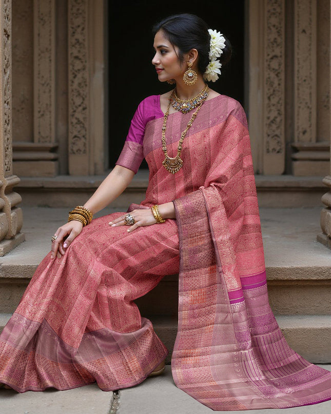 Reddish Pink Pure Tissue Silk Kanjeevaram Saree with Handwoven Zari Grid Design and Traditional Contrast Border, 5.5 Meters with Blouse Piece, Originating from India-D22712 - Regal Fabrics