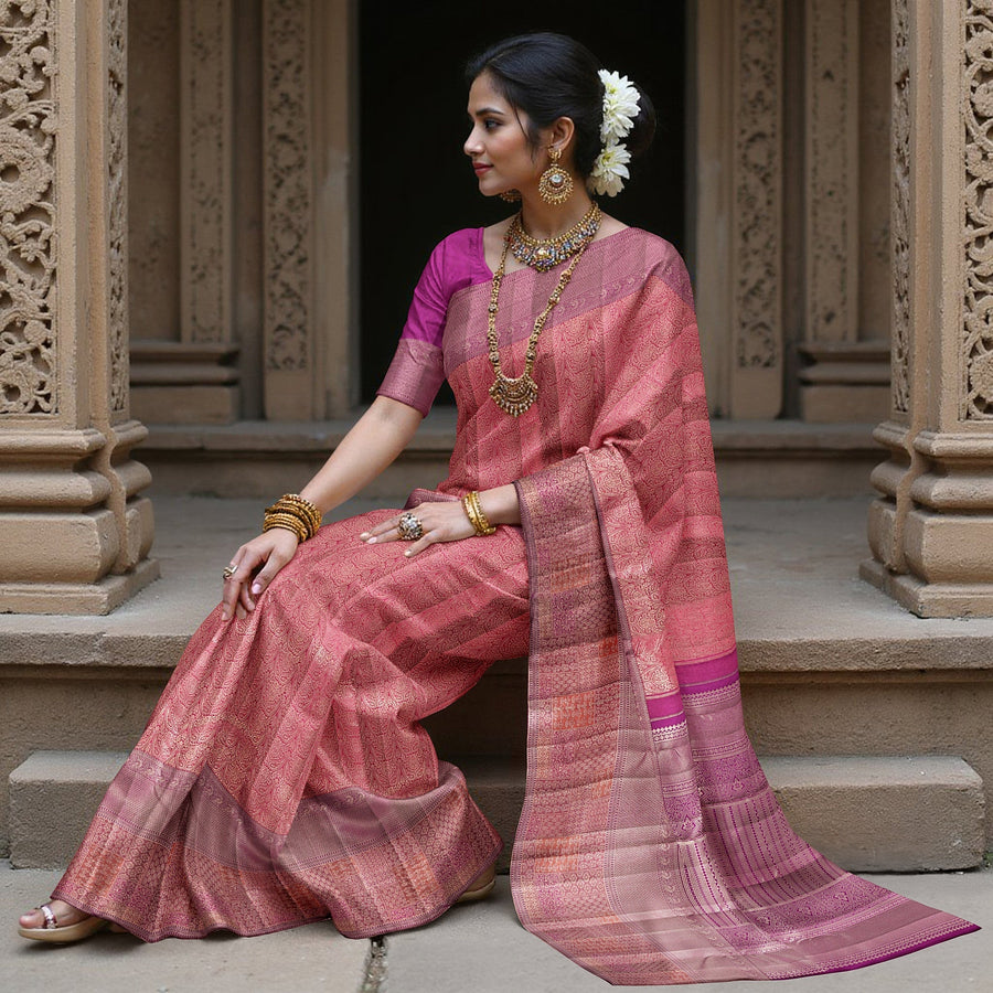 Reddish Pink Pure Tissue Silk Kanjeevaram Saree with Handwoven Zari Grid Design and Traditional Contrast Border, 5.5 Meters with Blouse Piece, Originating from India-D22712 - Regal Fabrics