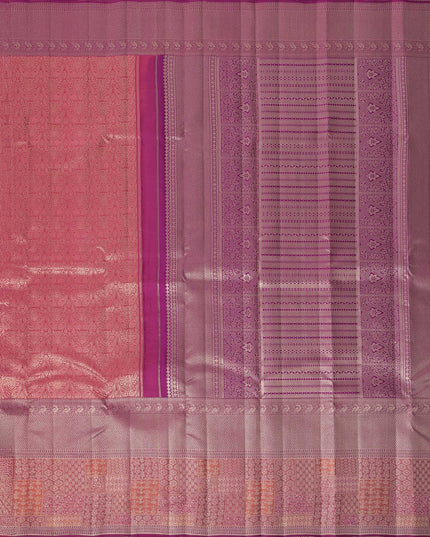 Reddish Pink Pure Tissue Silk Kanjeevaram Saree with Handwoven Zari Grid Design and Traditional Contrast Border, 5.5 Meters with Blouse Piece, Originating from India-D22712 - Regal Fabrics