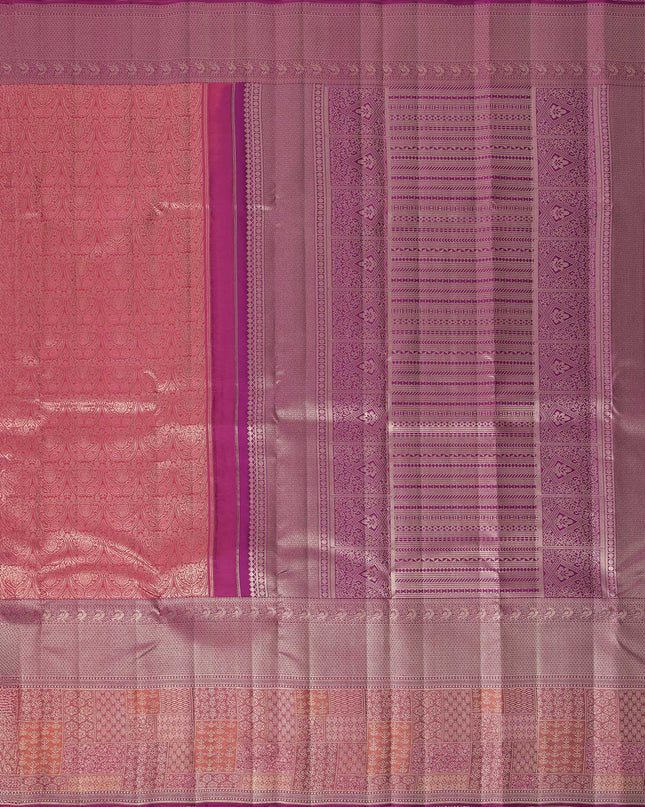 Reddish Pink Pure Tissue Silk Kanjeevaram Saree with Handwoven Zari Grid Design and Traditional Contrast Border, 5.5 Meters with Blouse Piece, Originating from India-D22712 - Regal Fabrics