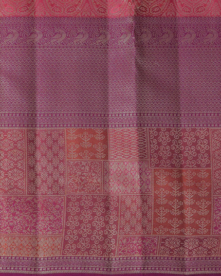 Reddish Pink Pure Tissue Silk Kanjeevaram Saree with Handwoven Zari Grid Design and Traditional Contrast Border, 5.5 Meters with Blouse Piece, Originating from India-D22712 - Regal Fabrics