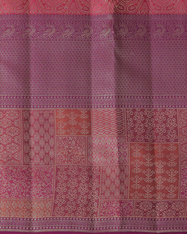 Reddish Pink Pure Tissue Silk Kanjeevaram Saree with Handwoven Zari Grid Design and Traditional Contrast Border, 5.5 Meters with Blouse Piece, Originating from India-D22712 - Regal Fabrics