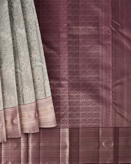 Silver and Mauve Pure Silk Kanjeevaram Saree with Handwoven Floral Vine Design and Rich Contrast Border, 5.5 Meters with Blouse Piece, Originating from India-D22713
