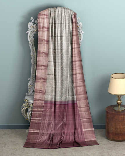 Silver and Mauve Pure Silk Kanjeevaram Saree with Handwoven Floral Vine Design and Rich Contrast Border, 5.5 Meters with Blouse Piece, Originating from India-D22713