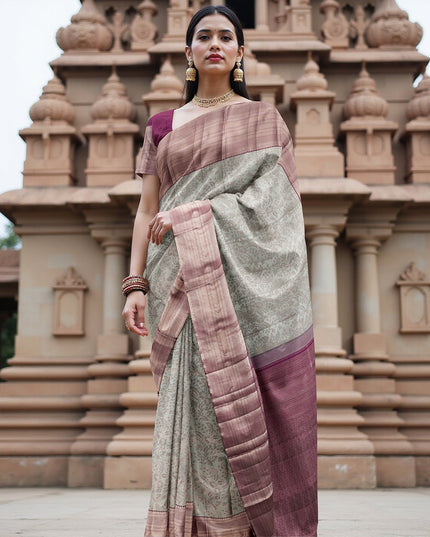 Silver and Mauve Pure Silk Kanjeevaram Saree with Handwoven Floral Vine Design and Rich Contrast Border, 5.5 Meters with Blouse Piece, Originating from India-D22713