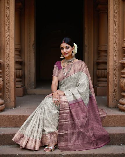 Silver and Mauve Pure Silk Kanjeevaram Saree with Handwoven Floral Vine Design and Rich Contrast Border, 5.5 Meters with Blouse Piece, Originating from India-D22713