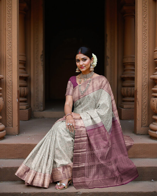 Silver and Mauve Pure Silk Kanjeevaram Saree with Handwoven Floral Vine Design and Rich Contrast Border, 5.5 Meters with Blouse Piece, Originating from India-D22713