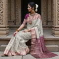Silver and Mauve Pure Silk Kanjeevaram Saree with Handwoven Floral Vine Design and Rich Contrast Border, 5.5 Meters with Blouse Piece, Originating from India-D22713