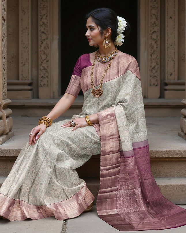 Silver and Mauve Pure Silk Kanjeevaram Saree with Handwoven Floral Vine Design and Rich Contrast Border, 5.5 Meters with Blouse Piece, Originating from India-D22713