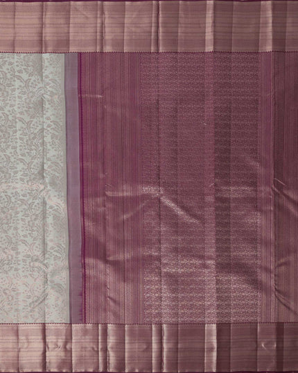 Silver and Mauve Pure Silk Kanjeevaram Saree with Handwoven Floral Vine Design and Rich Contrast Border, 5.5 Meters with Blouse Piece, Originating from India-D22713