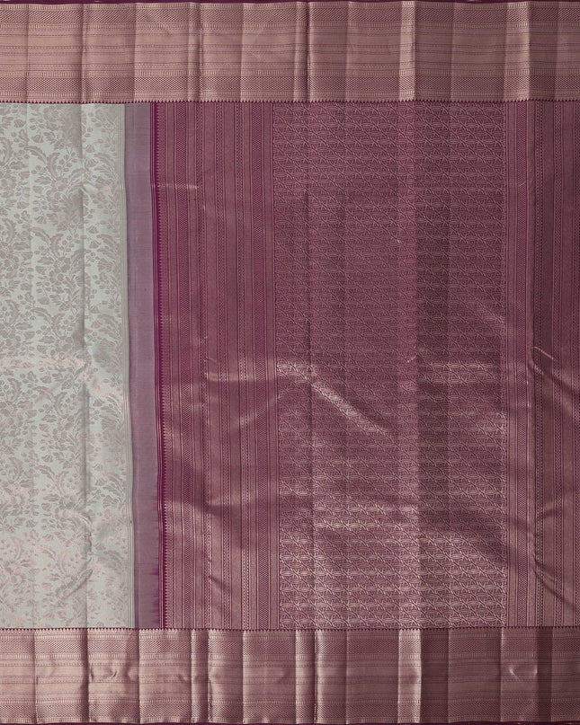 Silver and Mauve Pure Silk Kanjeevaram Saree with Handwoven Floral Vine Design and Rich Contrast Border, 5.5 Meters with Blouse Piece, Originating from India-D22713