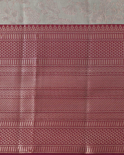 Silver and Mauve Pure Silk Kanjeevaram Saree with Handwoven Floral Vine Design and Rich Contrast Border, 5.5 Meters with Blouse Piece, Originating from India-D22713