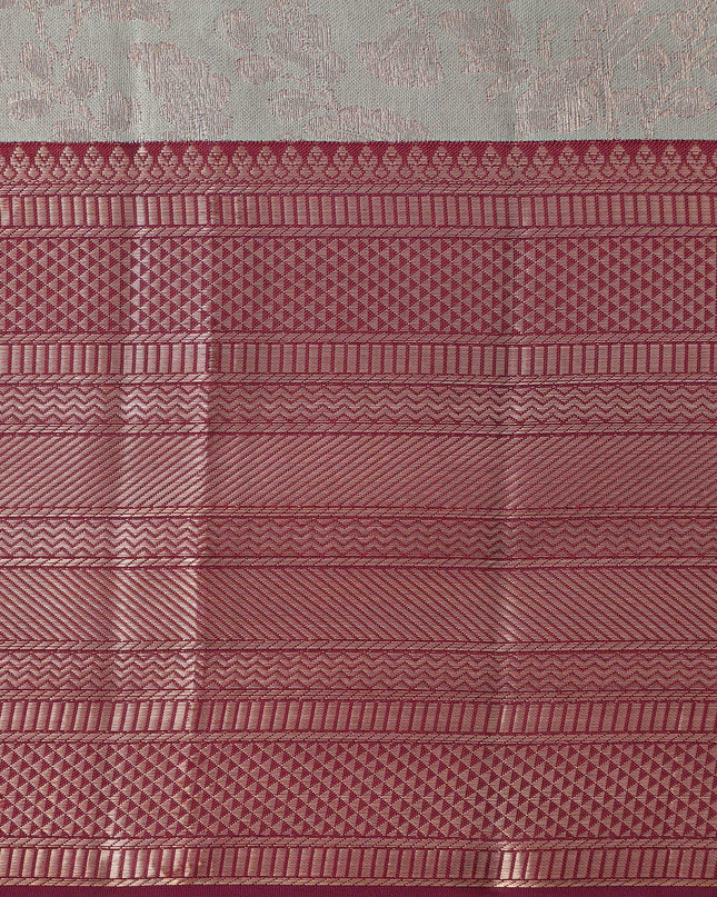 Silver and Mauve Pure Silk Kanjeevaram Saree with Handwoven Floral Vine Design and Rich Contrast Border, 5.5 Meters with Blouse Piece, Originating from India-D22713
