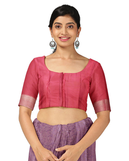 Lavender and Coral Pure Silk Kanjeevaram Saree with Handwoven Ornamental Motif Panel and Traditional Contrast Border, 5.5 Meters with Blouse Piece, Originating from India-D22715