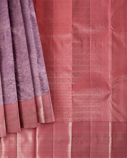 Lavender and Coral Pure Silk Kanjeevaram Saree with Handwoven Ornamental Motif Panel and Traditional Contrast Border, 5.5 Meters with Blouse Piece, Originating from India-D22715