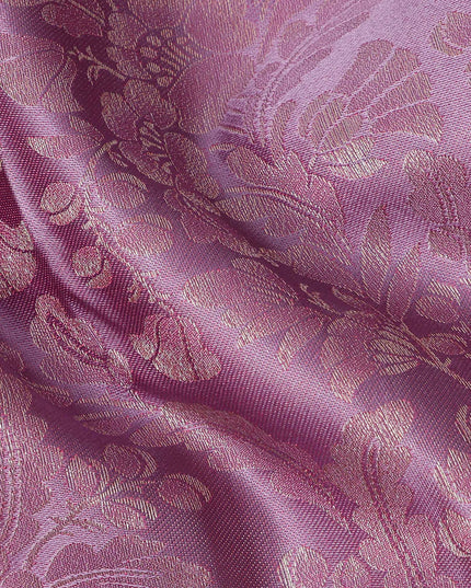 Lavender and Coral Pure Silk Kanjeevaram Saree with Handwoven Ornamental Motif Panel and Traditional Contrast Border, 5.5 Meters with Blouse Piece, Originating from India-D22715