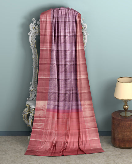 Lavender and Coral Pure Silk Kanjeevaram Saree with Handwoven Ornamental Motif Panel and Traditional Contrast Border, 5.5 Meters with Blouse Piece, Originating from India-D22715