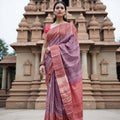 Lavender and Coral Pure Silk Kanjeevaram Saree with Handwoven Ornamental Motif Panel and Traditional Contrast Border, 5.5 Meters with Blouse Piece, Originating from India-D22715
