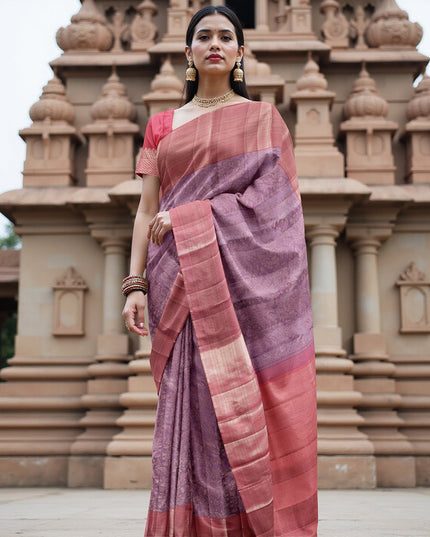 Lavender and Coral Pure Silk Kanjeevaram Saree with Handwoven Ornamental Motif Panel and Traditional Contrast Border, 5.5 Meters with Blouse Piece, Originating from India-D22715