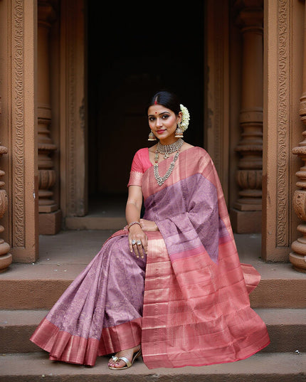 Lavender and Coral Pure Silk Kanjeevaram Saree with Handwoven Ornamental Motif Panel and Traditional Contrast Border, 5.5 Meters with Blouse Piece, Originating from India-D22715