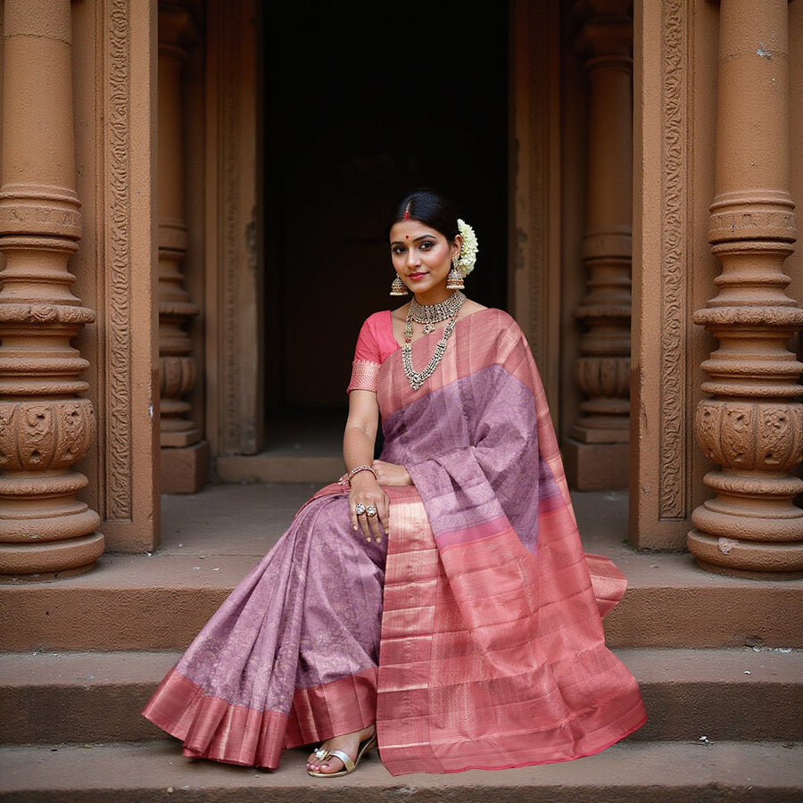 Lavender and Coral Pure Silk Kanjeevaram Saree with Handwoven Ornamental Motif Panel and Traditional Contrast Border, 5.5 Meters with Blouse Piece, Originating from India-D22715