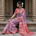 Lavender and Coral Pure Silk Kanjeevaram Saree with Handwoven Ornamental Motif Panel and Traditional Contrast Border, 5.5 Meters with Blouse Piece, Originating from India-D22715