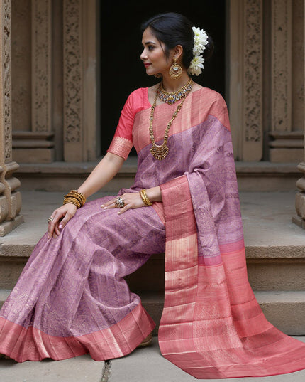 Lavender and Coral Pure Silk Kanjeevaram Saree with Handwoven Ornamental Motif Panel and Traditional Contrast Border, 5.5 Meters with Blouse Piece, Originating from India-D22715