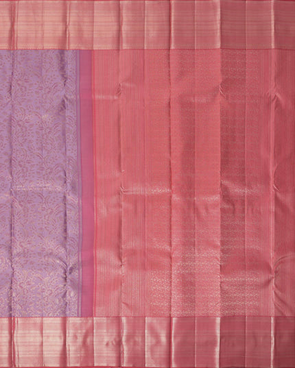 Lavender and Coral Pure Silk Kanjeevaram Saree with Handwoven Ornamental Motif Panel and Traditional Contrast Border, 5.5 Meters with Blouse Piece, Originating from India-D22715