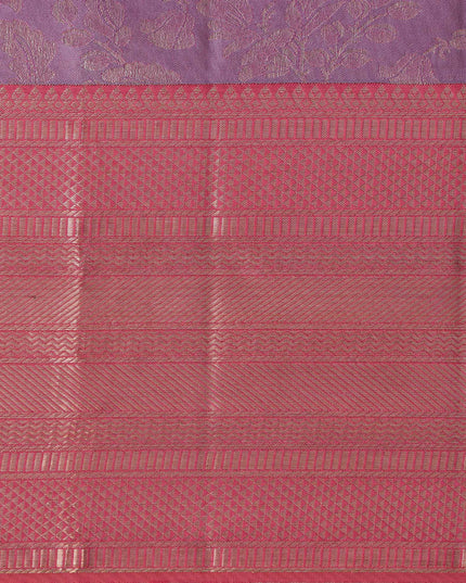 Lavender and Coral Pure Silk Kanjeevaram Saree with Handwoven Ornamental Motif Panel and Traditional Contrast Border, 5.5 Meters with Blouse Piece, Originating from India-D22715