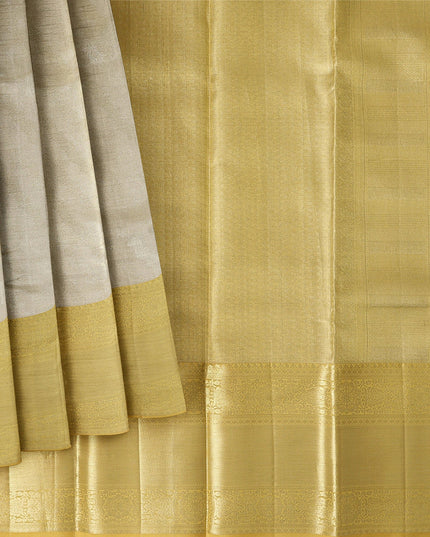 Golden Yellow and Silver Pure Tissue Silk Kanjeevaram Saree with Handwoven Minimalist Stripes and Solid Zari Border, 5.5 Meters with Blouse Piece, Originating from India-D22720