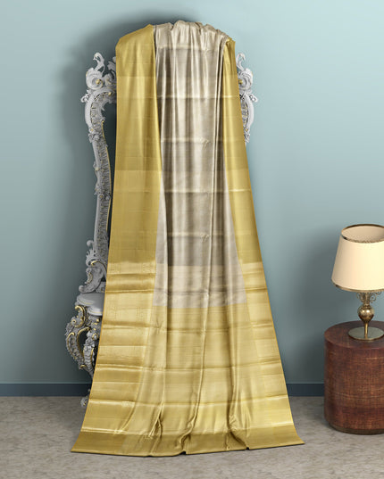 Golden Yellow and Silver Pure Tissue Silk Kanjeevaram Saree with Handwoven Minimalist Stripes and Solid Zari Border, 5.5 Meters with Blouse Piece, Originating from India-D22720