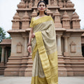 Golden Yellow and Silver Pure Tissue Silk Kanjeevaram Saree with Handwoven Minimalist Stripes and Solid Zari Border, 5.5 Meters with Blouse Piece, Originating from India-D22720