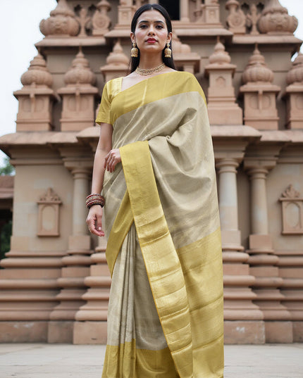 Golden Yellow and Silver Pure Tissue Silk Kanjeevaram Saree with Handwoven Minimalist Stripes and Solid Zari Border, 5.5 Meters with Blouse Piece, Originating from India-D22720