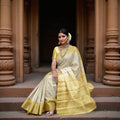Golden Yellow and Silver Pure Tissue Silk Kanjeevaram Saree with Handwoven Minimalist Stripes and Solid Zari Border, 5.5 Meters with Blouse Piece, Originating from India-D22720
